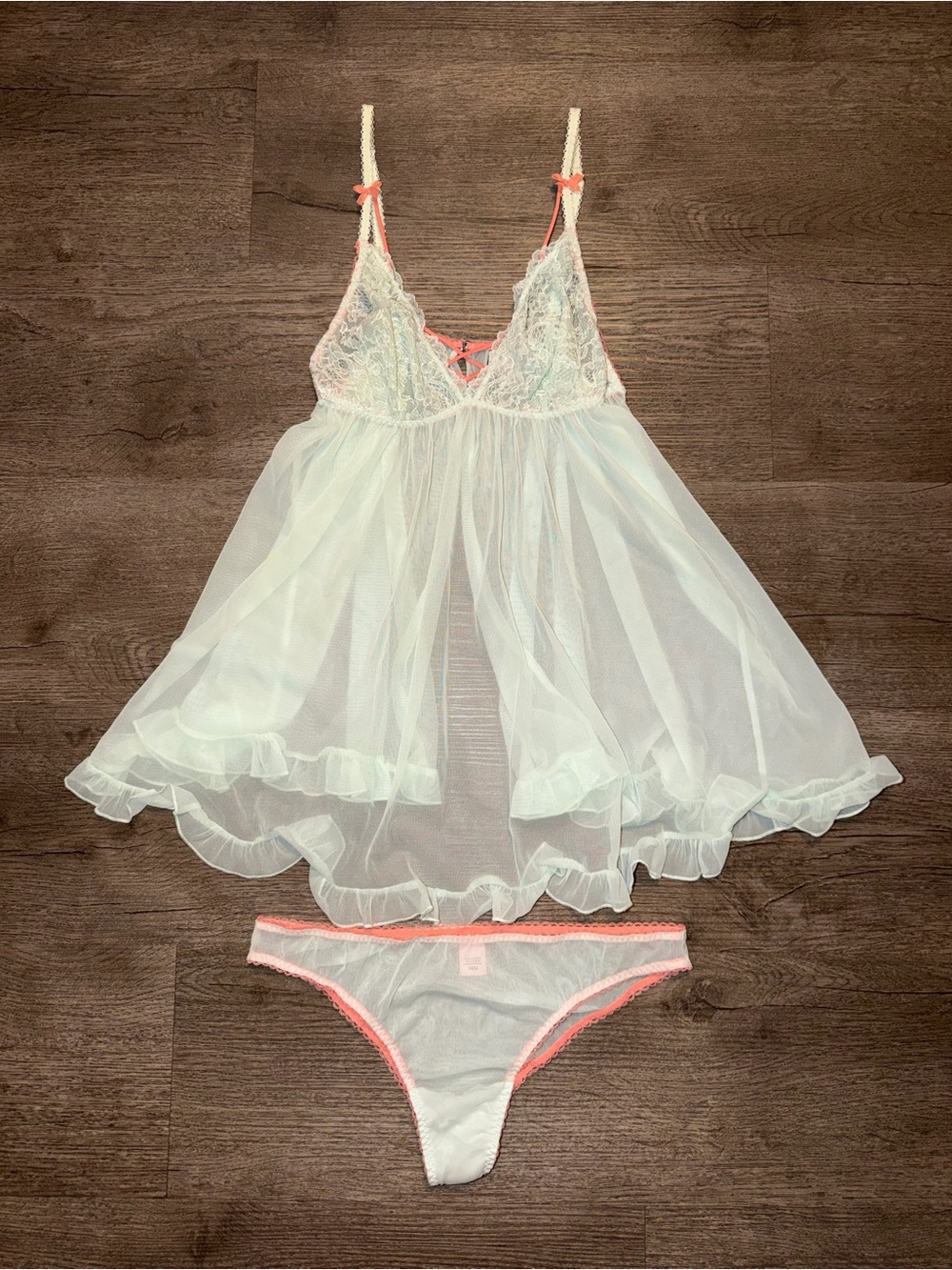 Victoria's Secret Sheer Lace Babydoll Light Blue Chemise with Pink Trim